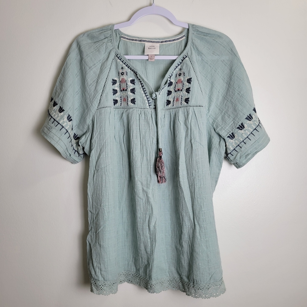 KNOX ROSE Boho Embroidered Gauze Cotton Bobydoll Top L